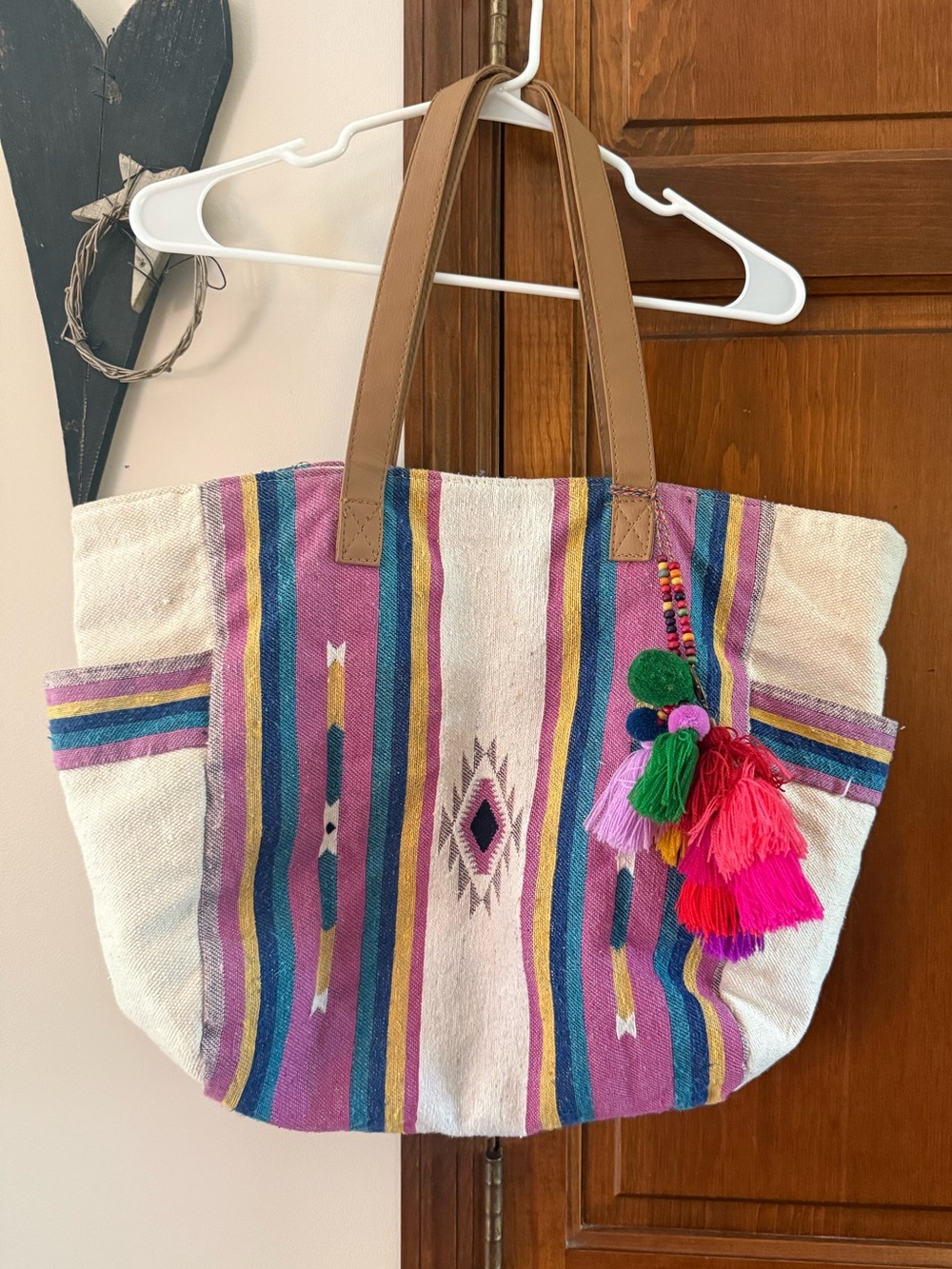Boho Stripe Large Canvas Tote Bag with Pink & Multi Tassels